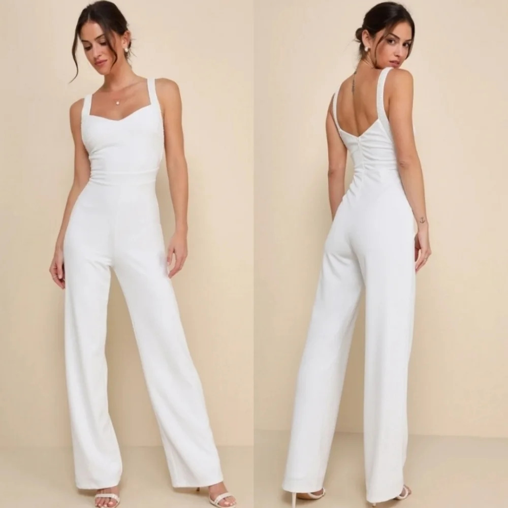 Lulu's Love Aglow White Pearl Beaded Sleeveless Straight Leg Jumpsuit S Wedding - Picture 1 of 12